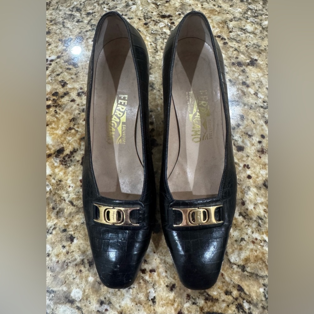 Salvatore Ferragamo Black Heels with Gold Buckle